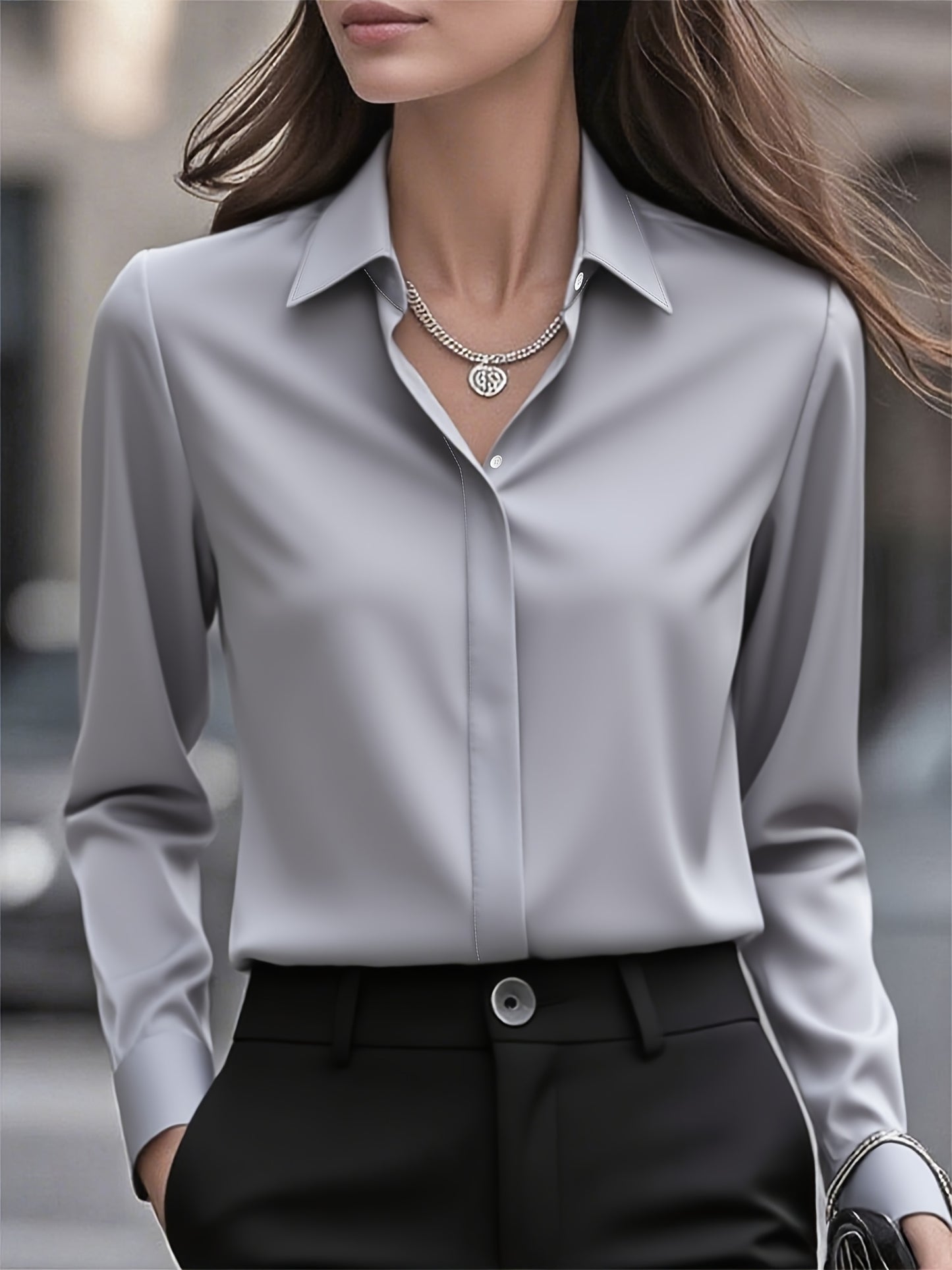 New Middle Eastern Women's Long-Sleeve Fashionable Commuter Design with Hidden Button Front Placket Inner Shirt