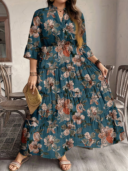 Effortless Multicolor Floral Maxi Dress for Women with V Neck Bell Sleeve Tiered Ruffle Flowing Bohemian Style