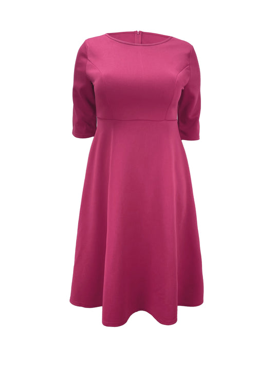 Elegant Fit and Flare Midi Dress for Women with Round Neck Elbow Sleeve A Line Flowing Style