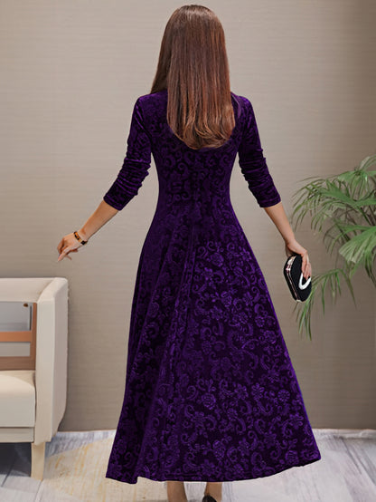 Directional - New And Thinning Large Swing Skirt Women'S Clothing Golden Velvet Long Sleeve Dress Long Style