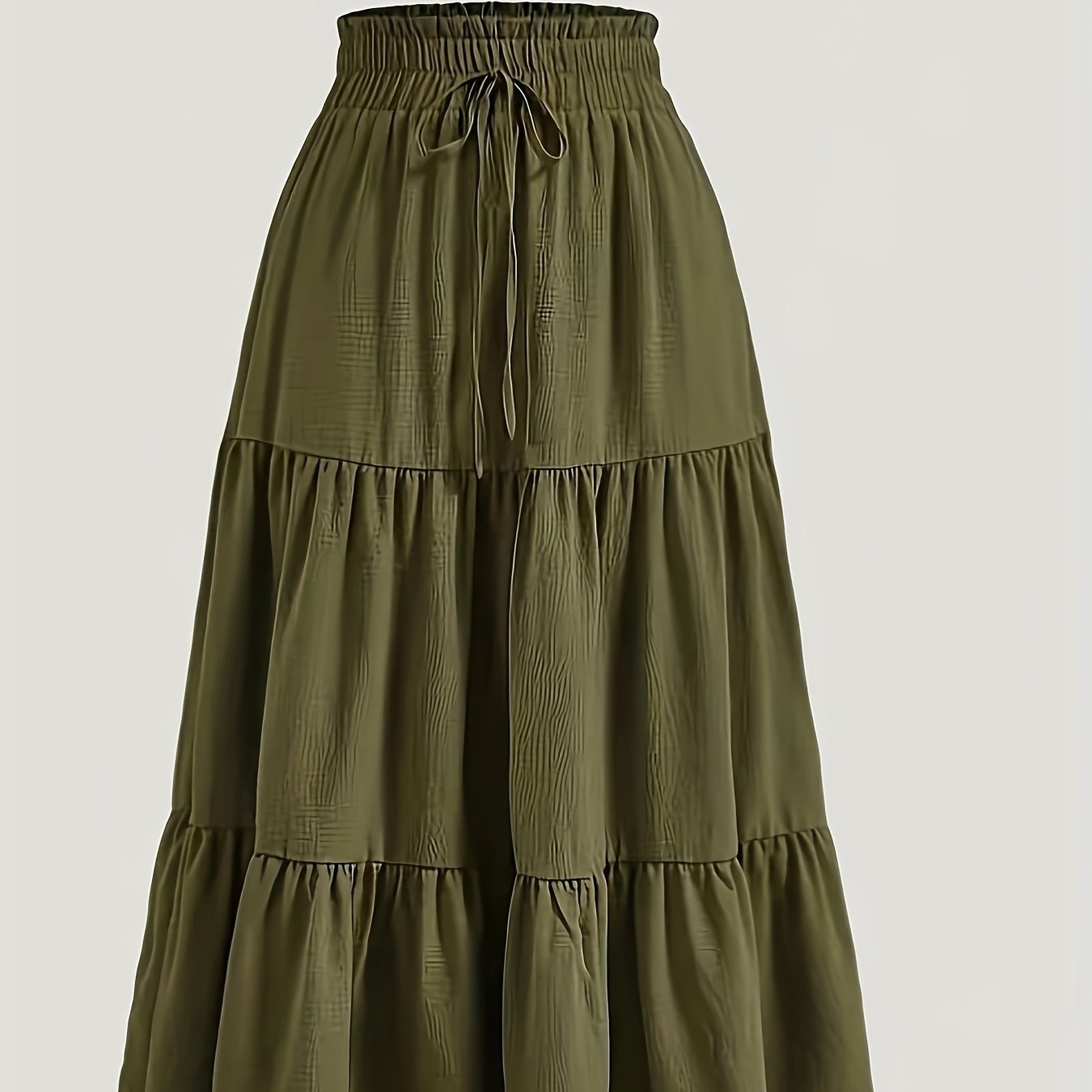 Women's Olive Green Pleated Midi Skirt - Lightweight Adjustable Drawstring Waist, Hand Washable Spring/Summer Elegant Solid Color Skirt for Casual & Formal Outfits, Casual Attire, Nontransparent Fabric, Spring Fashion, Classic Style, Breathable Material,
