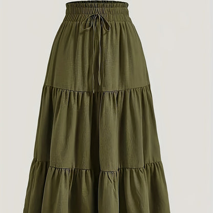 Women's Olive Green Pleated Midi Skirt - Lightweight Adjustable Drawstring Waist, Hand Washable Spring/Summer Elegant Solid Color Skirt for Casual & Formal Outfits, Casual Attire, Nontransparent Fabric, Spring Fashion, Classic Style, Breathable Material,
