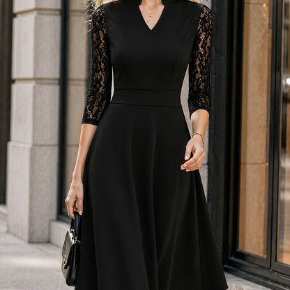 Women's Slim-fit Dress, Elegant Tailored Design, Suitable for Both Commuting and Parties, Long Sleeves with Lace Detailing, Waist-cinching Design, Mid-length for Autumn and Winter Workwear