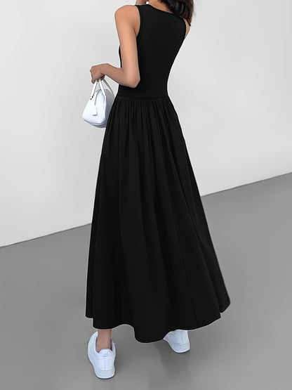 [Women's Midi Dress] Women's Casual Sleeveless Midi Dress - Round Neck, Solid Color, Pleated A-line Skirt, Suitable for All Seasons