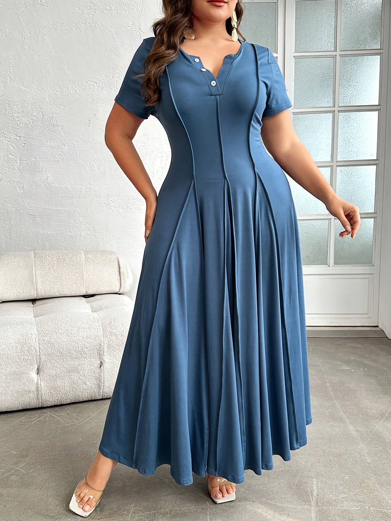 Plus Size, Button- Collar with Pleated Detail Short Sleeve Dress, Suitable for Beach, Party, Summer, Casual, Vacation, and Date