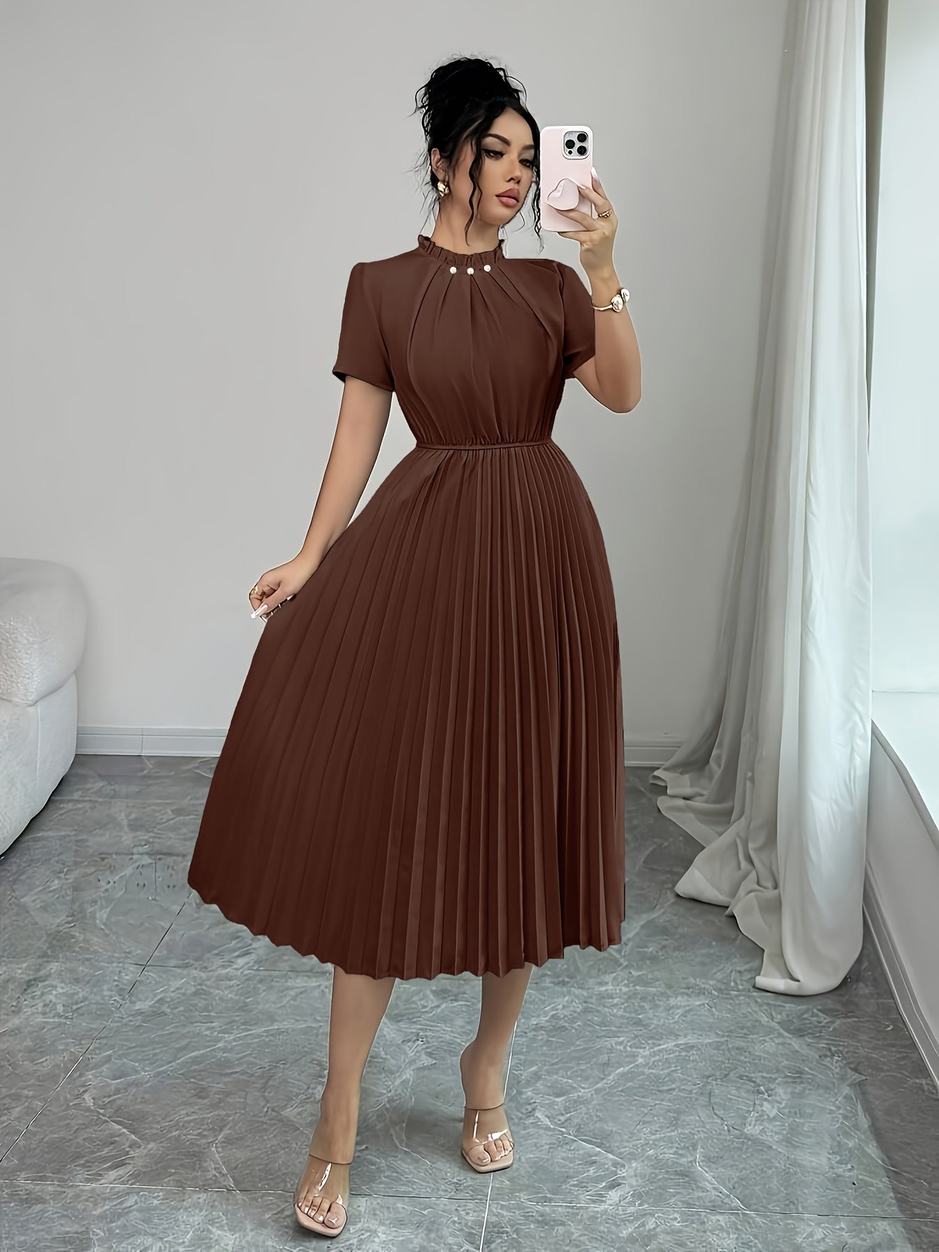ZLLZ Trendy Summer New Style Women'S Solid Color Teardrop Back Collar Light Luxury Pearl Button Decoration with Waist-Cinching Pleated A-Line Design, Fashionable And, Women'S Fashion Dress Party Elegant Style Dress