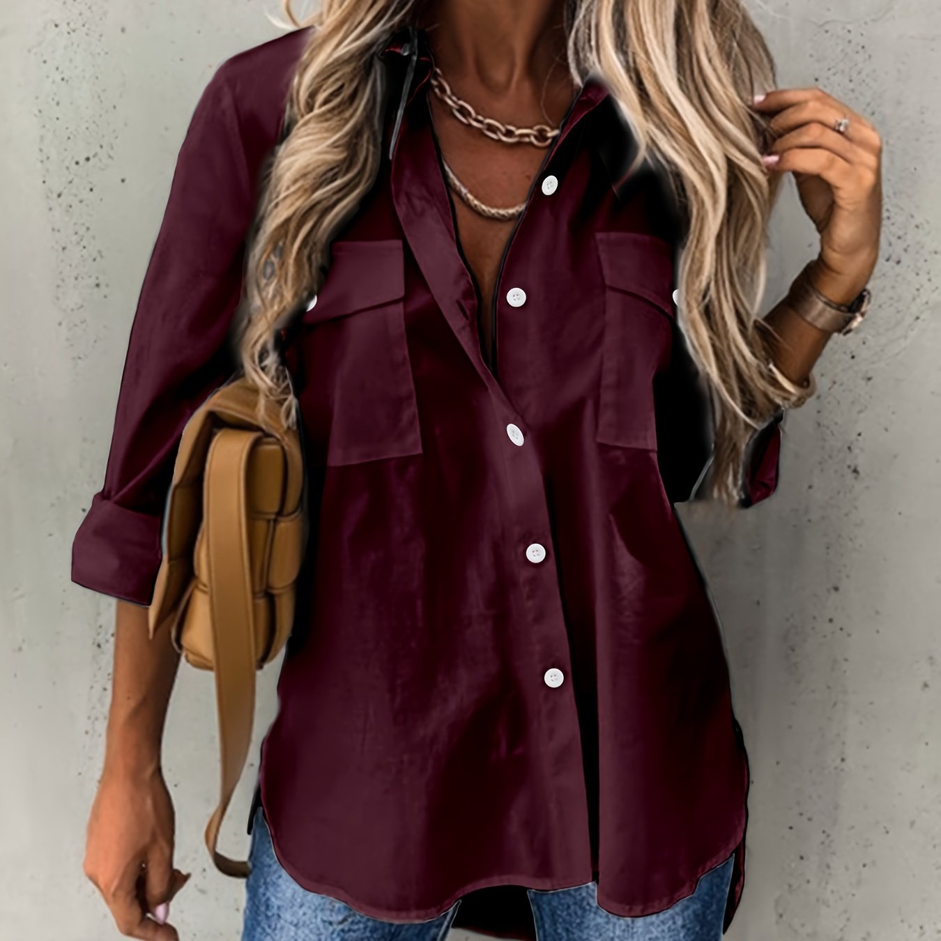 Button Front Long Sleeve Shirt, Casual Solid Office Shirt With Collar, Women's Clothing