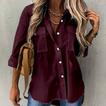 Button Front Long Sleeve Shirt, Casual Solid Office Shirt With Collar, Women's Clothing