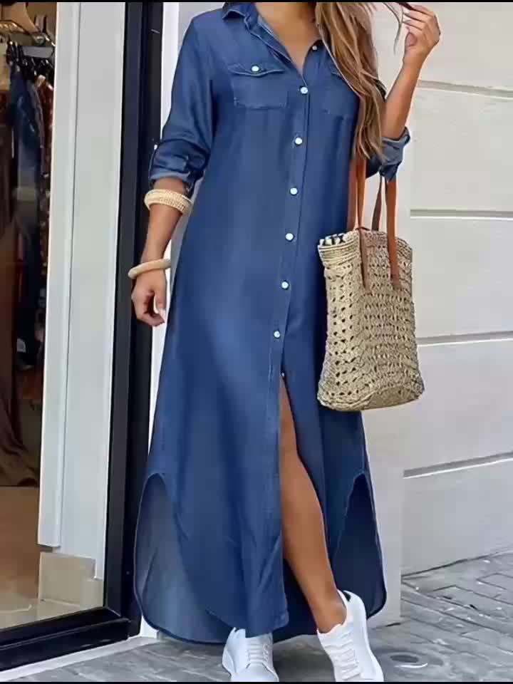 Women's Button-Up Collared Shirt Dress with Three-Quarter Sleeves, Casual Loose Summer Cover-Up Dress with Slit denim dress