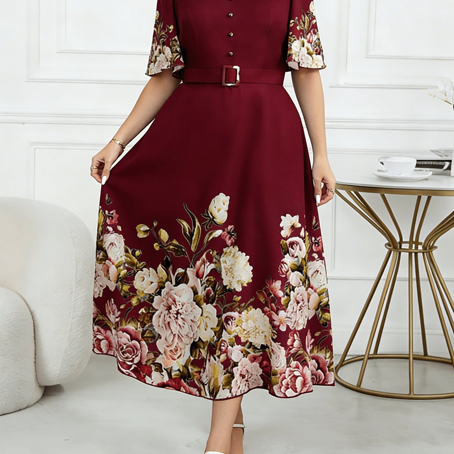 Plus Size, Plus Size Women's Spring/Summer Floral Print Elegant High-Waisted V-Neck Short Sleeve Dress