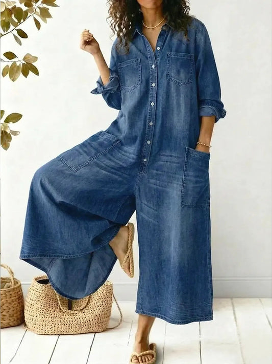 Effortless Denim Wide Leg Jumpsuit for Women with Collar Long Sleeve Button Front Relaxed Style