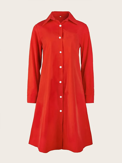 European and American Solid Color Loose Lapel Long Sleeve Shirt Dress