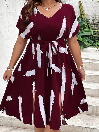 Plus Size, Plus Size Wine Red Lace-up X-cut Dress