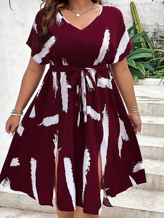 Plus Size, Plus Size Wine Red Lace-up X-cut Dress