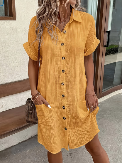 Easy Solid Color Shirt Dress, All- Breathable, Lapel Design Exudes Professionalism, Buttons Arranged in Order, Adding a Touch of Retro Charm