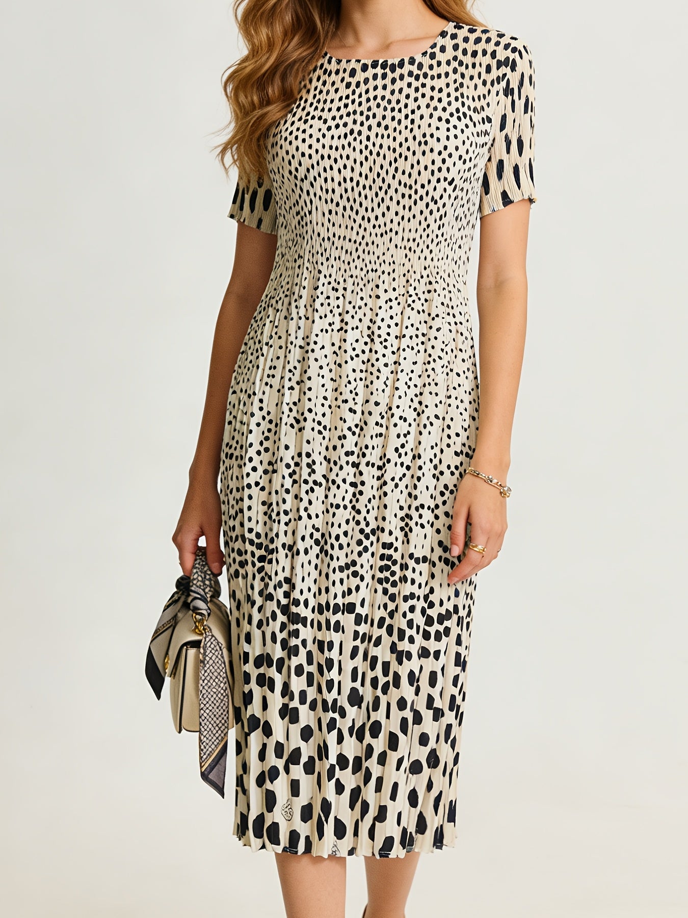 [Super Stretch Bohemian] Super Stretch Bohemian Dress | Polka Dot Print Pleated, High-waisted Ruffled Skirt, Over-the-knee Mid-length 1pc, Seamless Waist, Instant Rebound, Simple Commuter Style, Suitable for 90-180 Lbs