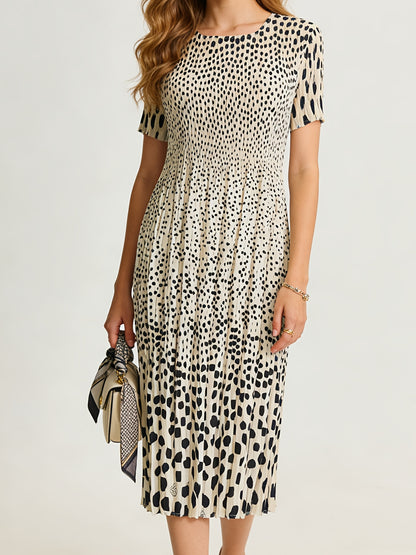 [Super Stretch Bohemian] Super Stretch Bohemian Dress | Polka Dot Print Pleated, High-waisted Ruffled Skirt, Over-the-knee Mid-length 1pc, Seamless Waist, Instant Rebound, Simple Commuter Style, Suitable for 90-180 Lbs