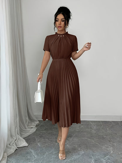 ZLLZ Trendy Summer New Style Women'S Solid Color Teardrop Back Collar Light Luxury Pearl Button Decoration with Waist-Cinching Pleated A-Line Design, Fashionable And, Women'S Fashion Dress Party Elegant Style Dress