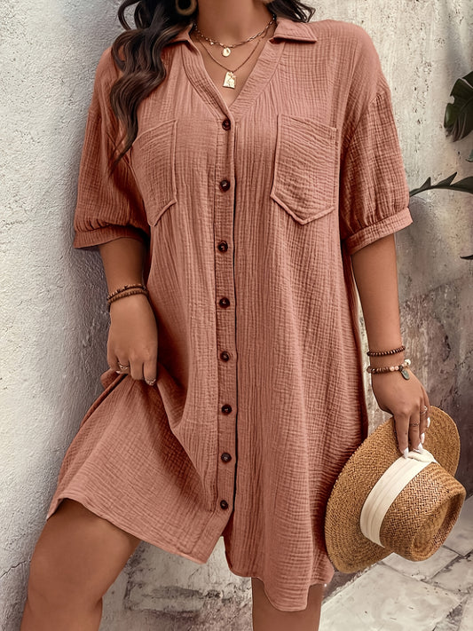 Effortless Wheat Cotton Shirt Dress for Women with Collar Neck Short Sleeve Button Front Relaxed Casual Style