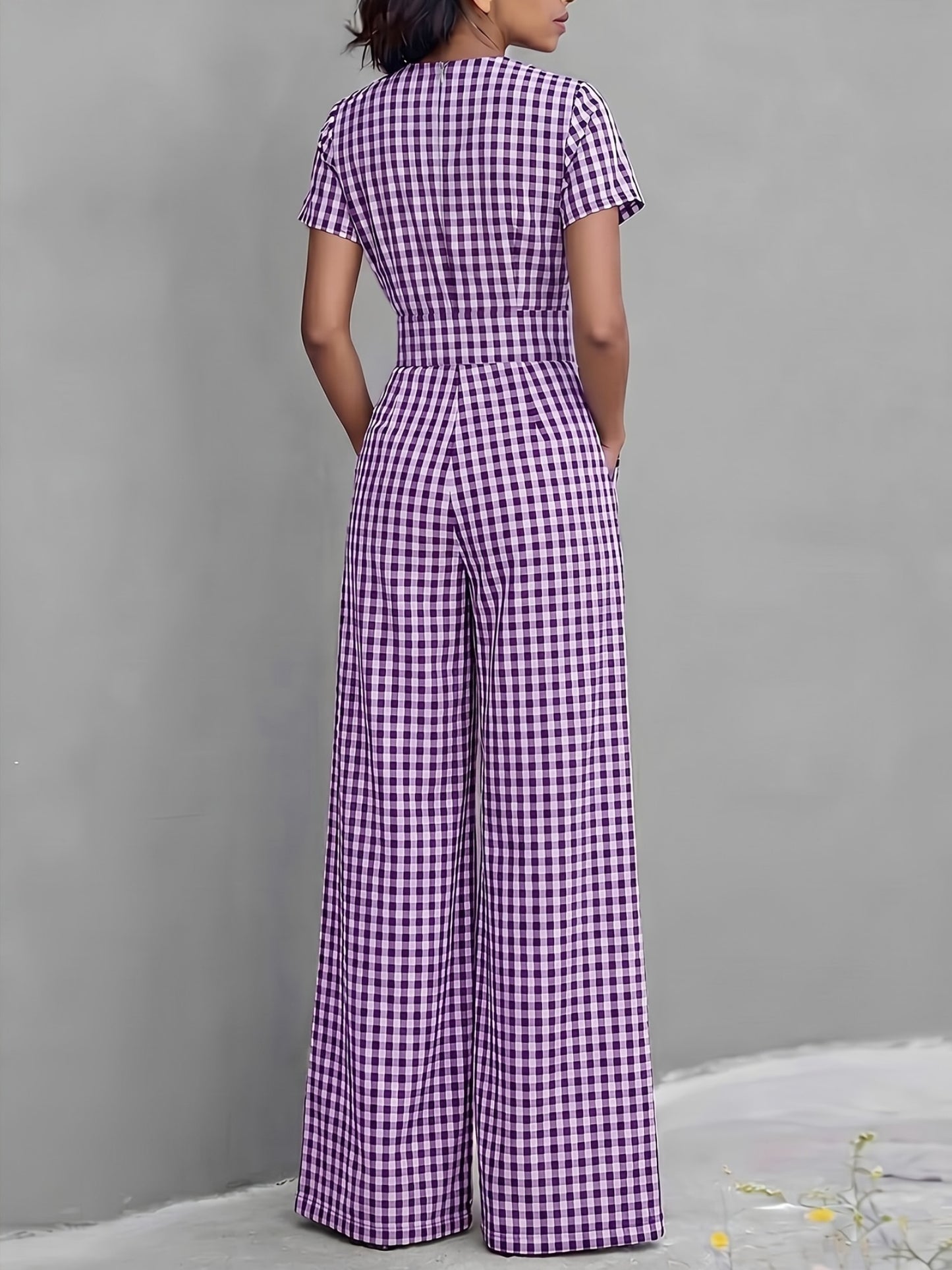 2026 Spring Summer Plaid V-Neck Short Sleeve Jumpsuit Women's, High-Waist Wide-Leg Straight Long Pants, Commute Casual Two-Wear, Waist-Cinching Design Flowing Wide-Leg Trousers