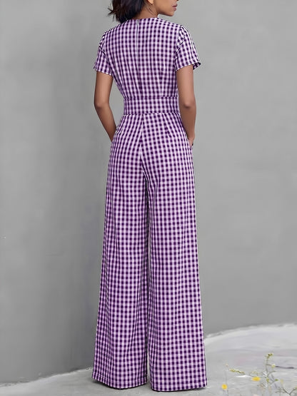 2026 Spring Summer Plaid V-Neck Short Sleeve Jumpsuit Women's, High-Waist Wide-Leg Straight Long Pants, Commute Casual Two-Wear, Waist-Cinching Design Flowing Wide-Leg Trousers