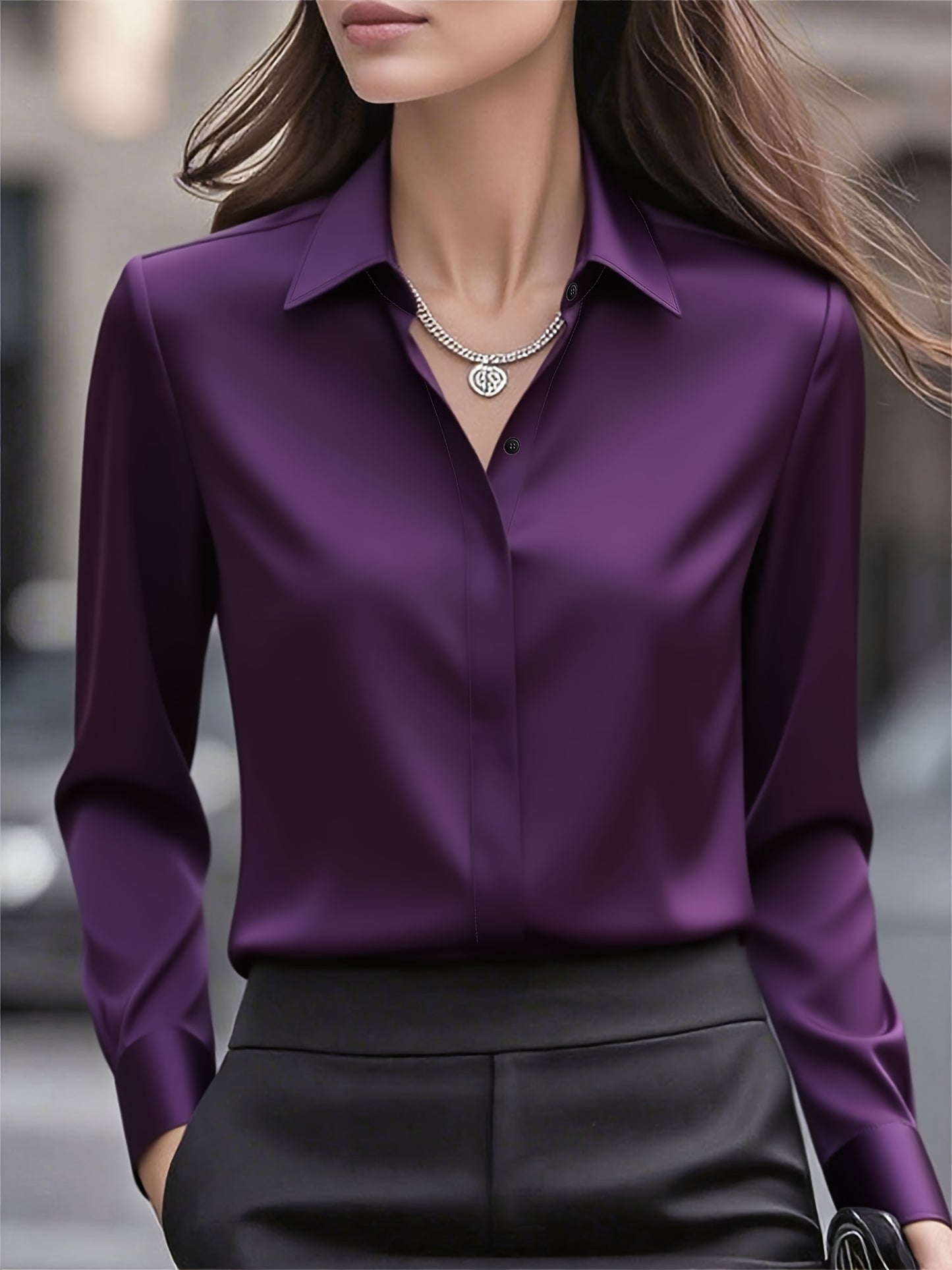 New Middle Eastern Women's Long-Sleeve Fashionable Commuter Design with Hidden Button Front Placket Inner Shirt