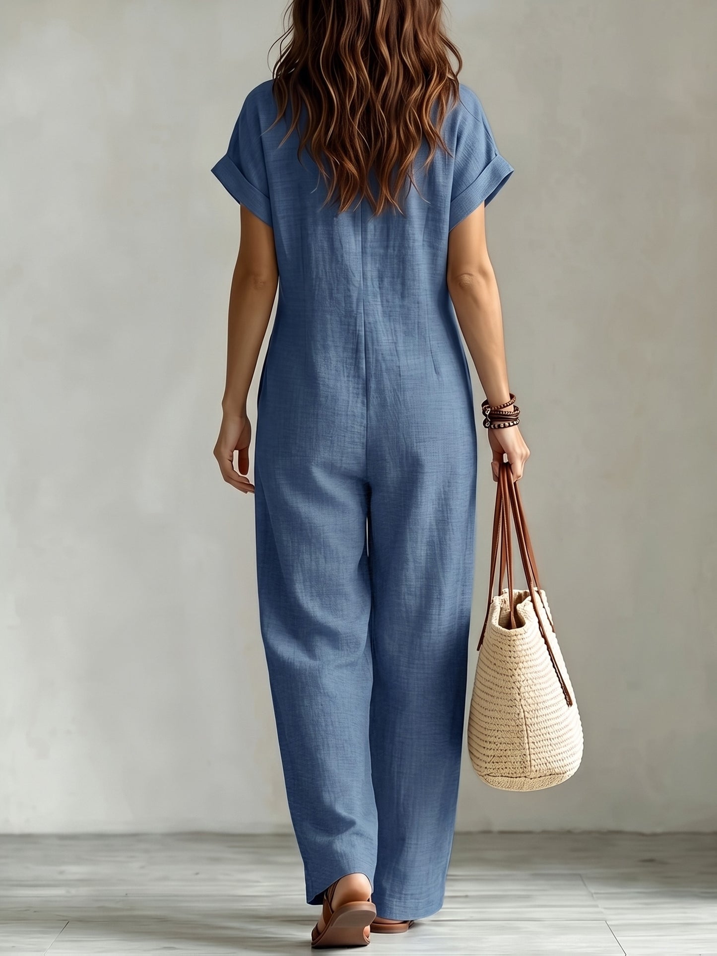 Women's Summer Short Sleeve Jumpsuit/Collared Single-Row Button Loose Straight Style/Casual Cargo Overalls/Loose Straight Drape Long Pants/Daily Commute Casual All-Match Fashion Comfortable
