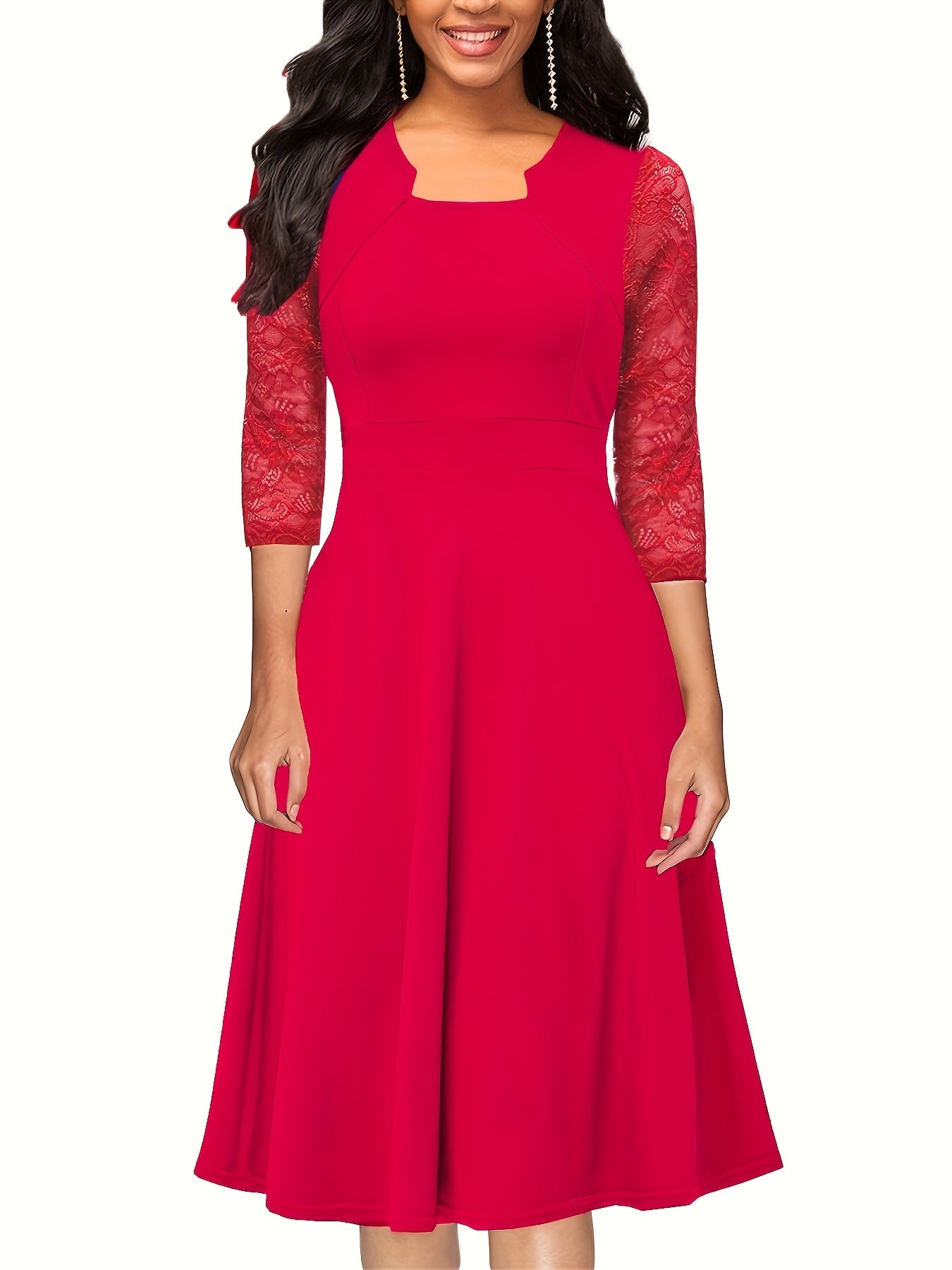 Vintage Floral Lace Party Swing Dress with a Square Neckline for Women