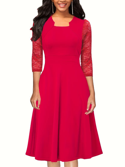 Vintage Floral Lace Party Swing Dress with a Square Neckline for Women