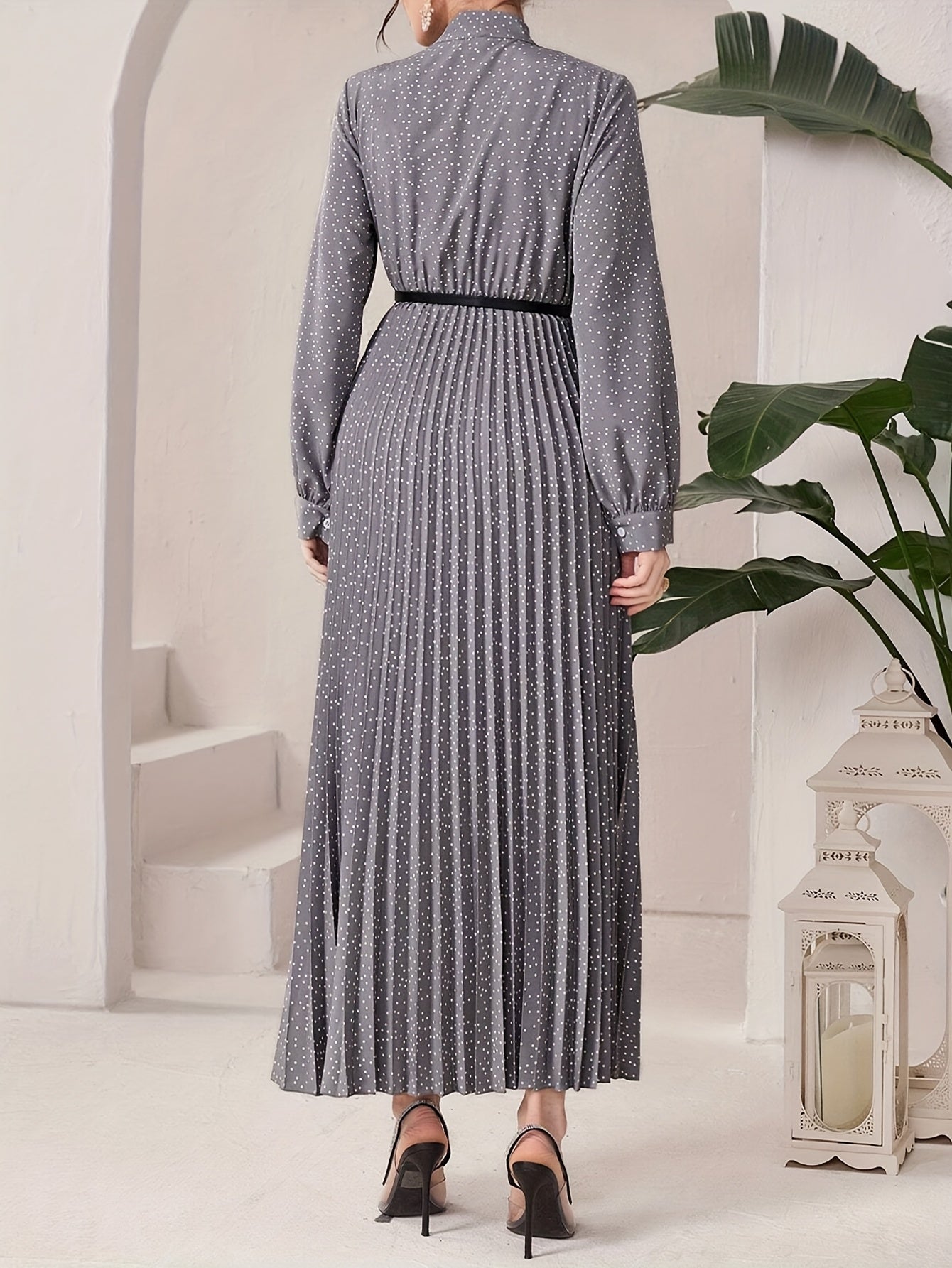 Pleated Allover Print Tie Neck Dress, Elegant Long Sleeve Dress For Spring & Fall, Women's Clothing