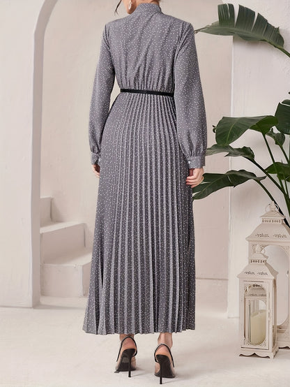 Pleated Allover Print Tie Neck Dress, Elegant Long Sleeve Dress For Spring & Fall, Women's Clothing