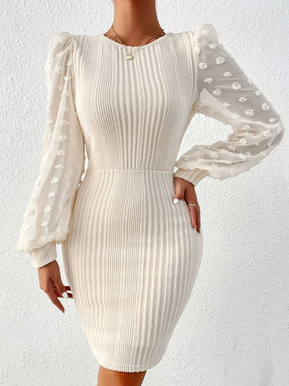 Elegant European and American Style Spring/Summer Women's Fashion Ribbed Long Sleeve Slim-Fit Dress