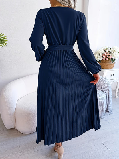 Directed Hot Style Real Shot 2024 European And American Spring And Autumn Temperament Cross V-Neck Large Swing Pleated Long Dress