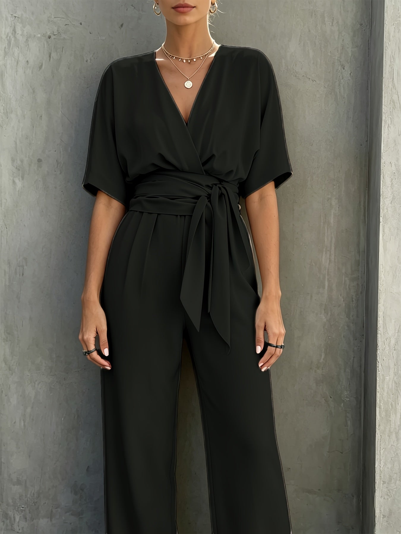 Solid Color Casual Elegant Commuter Women's V-Neck Adjustable Belt Tie Fashion Long Pants Jumpsuit