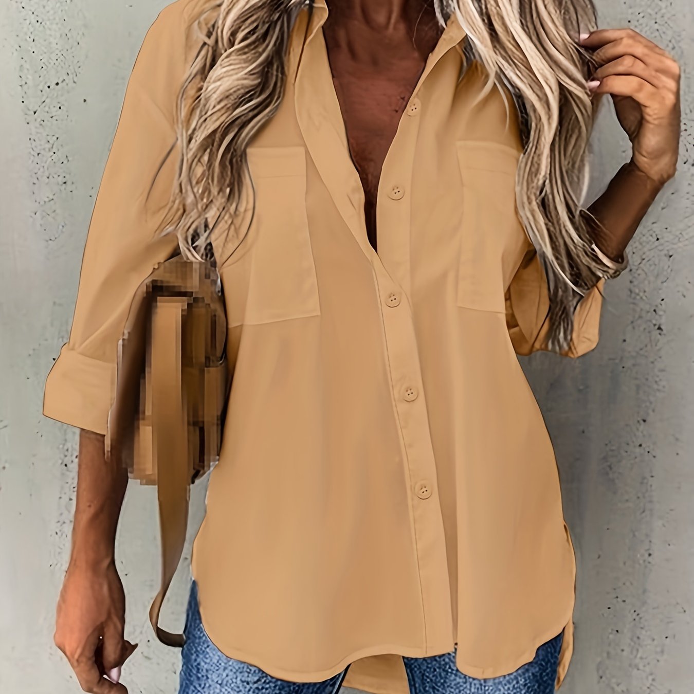 Solid Color Button-Up Long Sleeve Shirt for Women