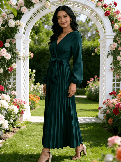Directed Hot Style Real Shot 2024 European And American Spring And Autumn Temperament Cross V-Neck Large Swing Pleated Long Dress