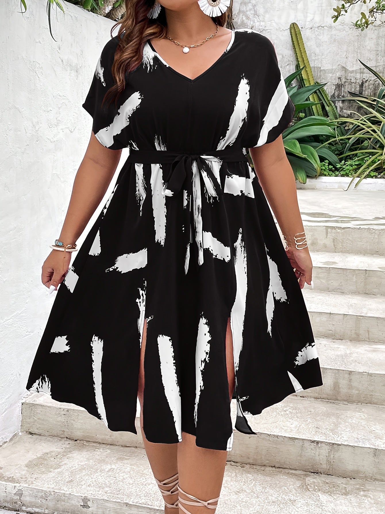 Plus Size, Plus Size Wine Red Lace-up X-cut Dress