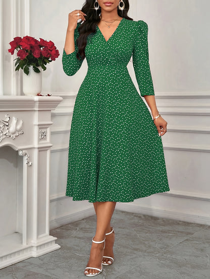Women'S Valentine'S Day/New Year Party/Daily Work/Four Seasons Suitable Elegant Fashionable Versatile Daily Dating Round Neck Three Quarter Sleeve Waist Flared Long Red Dress, Little Heart Dress