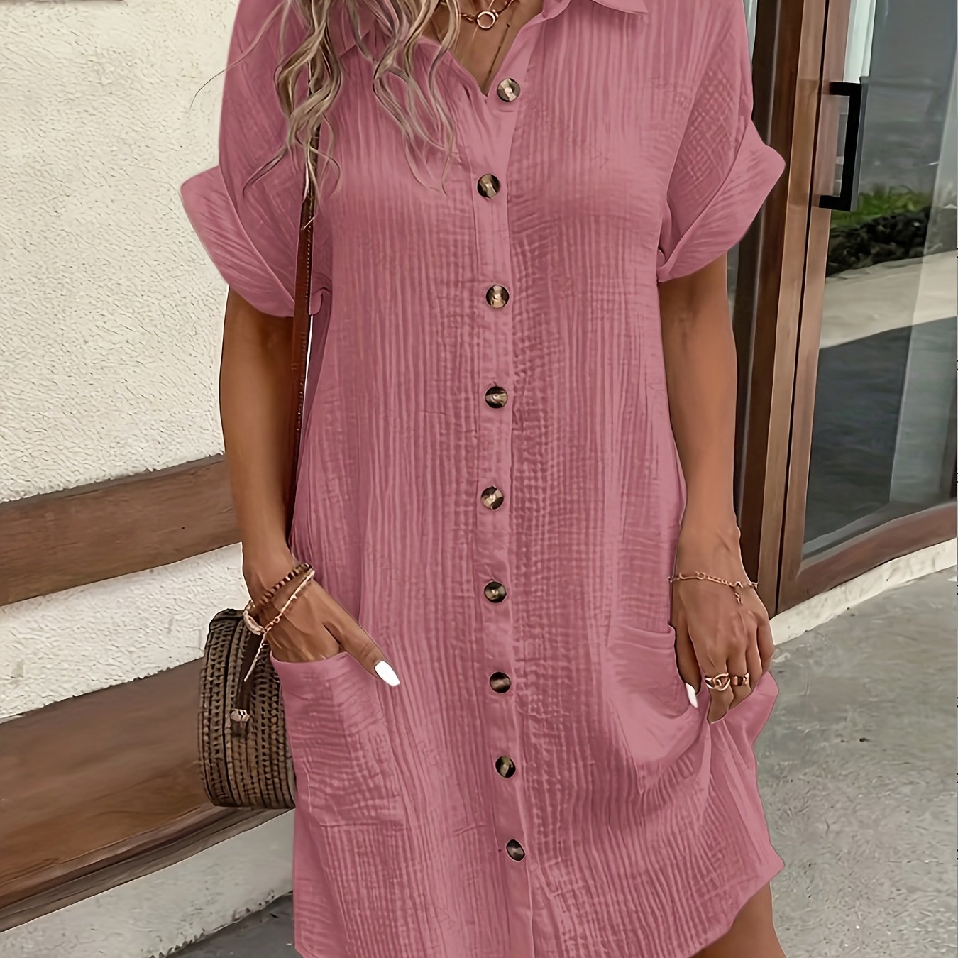 Easy Solid Color Shirt Dress, All- Breathable, Lapel Design Exudes Professionalism, Buttons Arranged in Order, Adding a Touch of Retro Charm