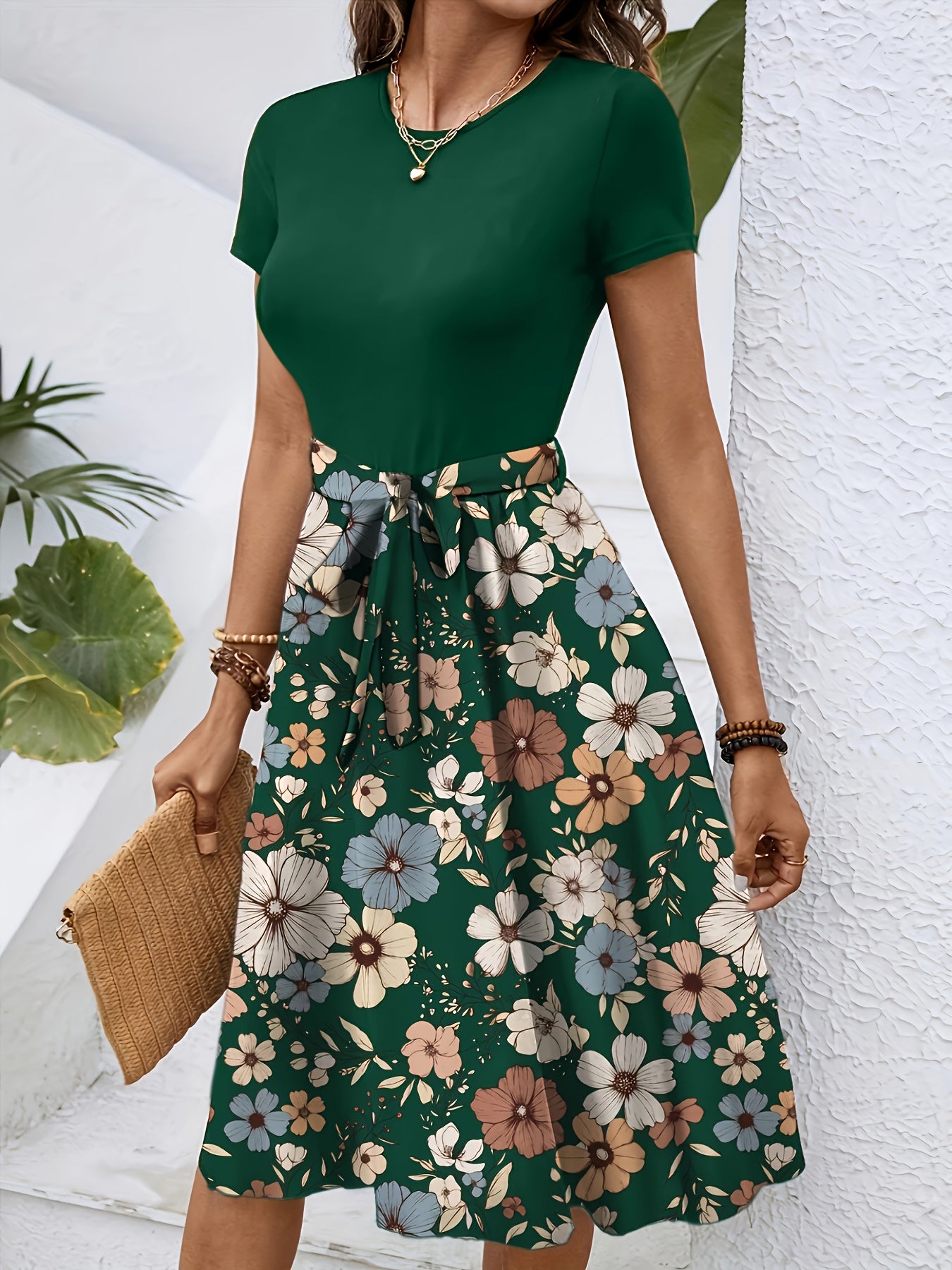 Elegant Key Monitoring Support European And American Round Neck Short-Sleeved with Belt Dress Number