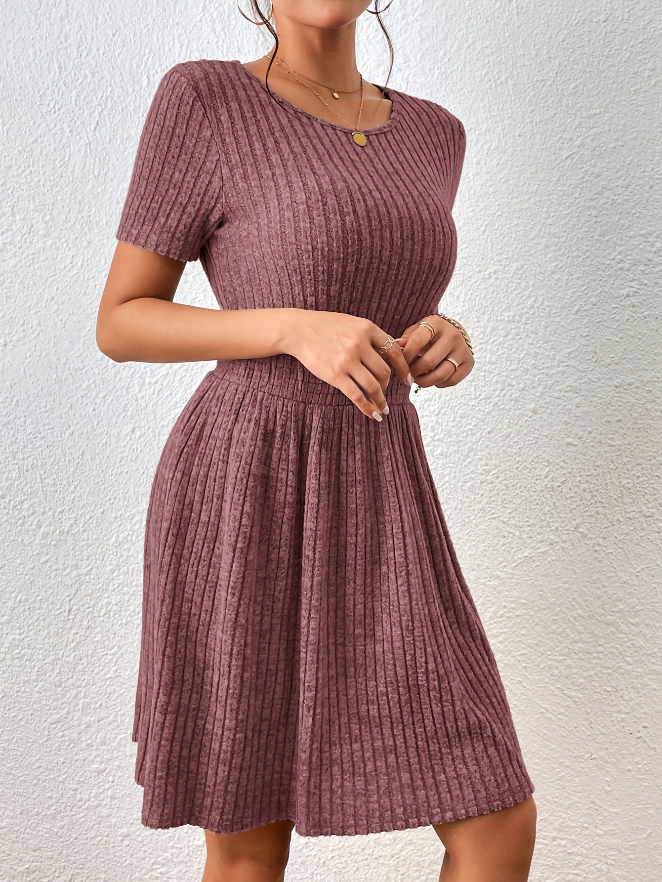 New Fashion Casual / Solid Color Ribbed / Waist-Knot A-Line Dress
