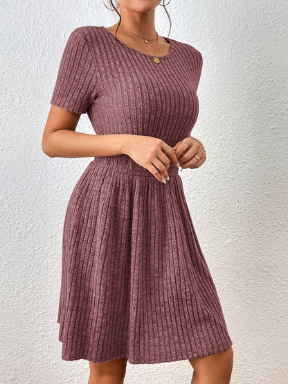 New Fashion Casual / Solid Color Ribbed / Waist-Knot A-Line Dress
