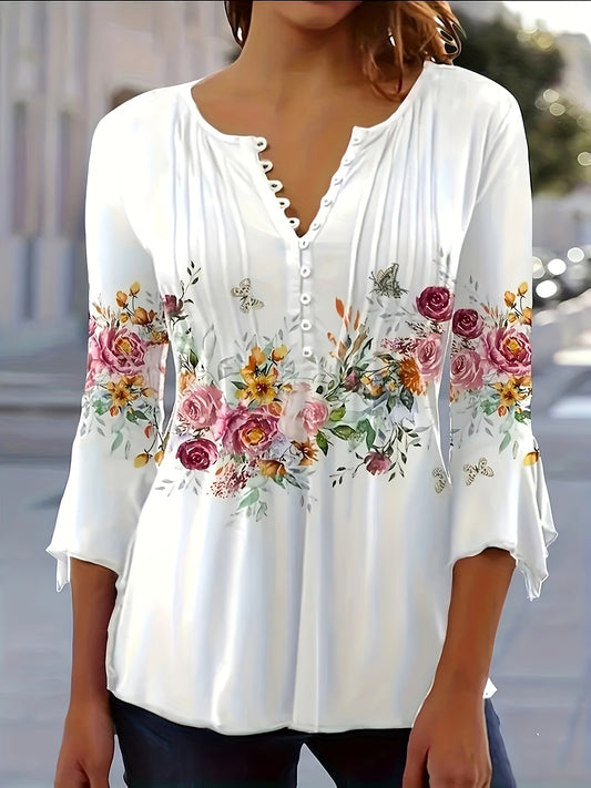 Effortless White Floral Blouse for Women with V Neck Bell Sleeve Button Front Relaxed Casual Style