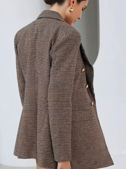 This Elegant And Stylish Double-Breasted Houndstooth Blazer Is Perfect for Commuting, Vintage Office Settings, And Everyday Wear, And It Is Machine Washable