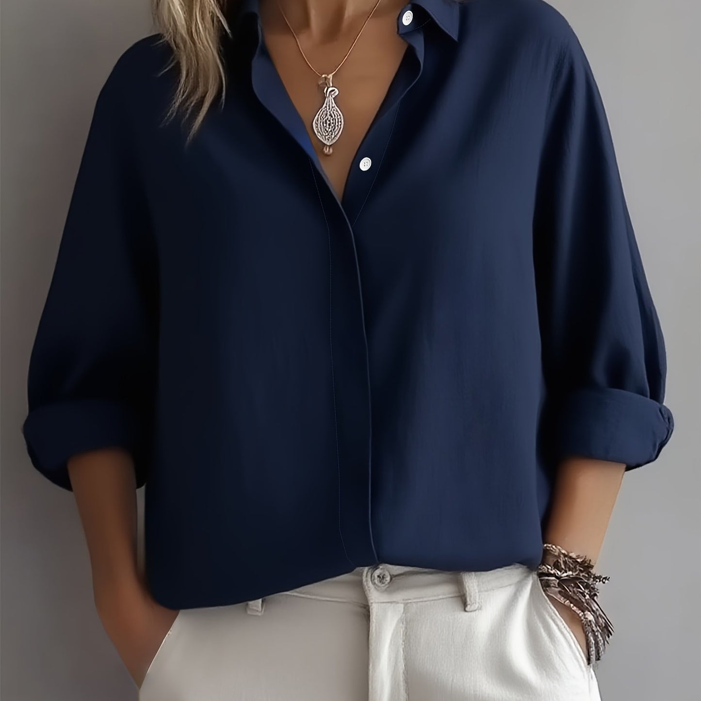 New Middle Eastern Women's Long-Sleeve Fashionable Commuter Design with Hidden Button Front Placket Inner Shirt