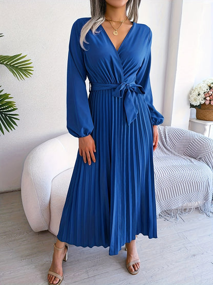 Style Autumn Winter Western Ins Hot Item Temperament V-Neck Flared Pleated Maxi Dress