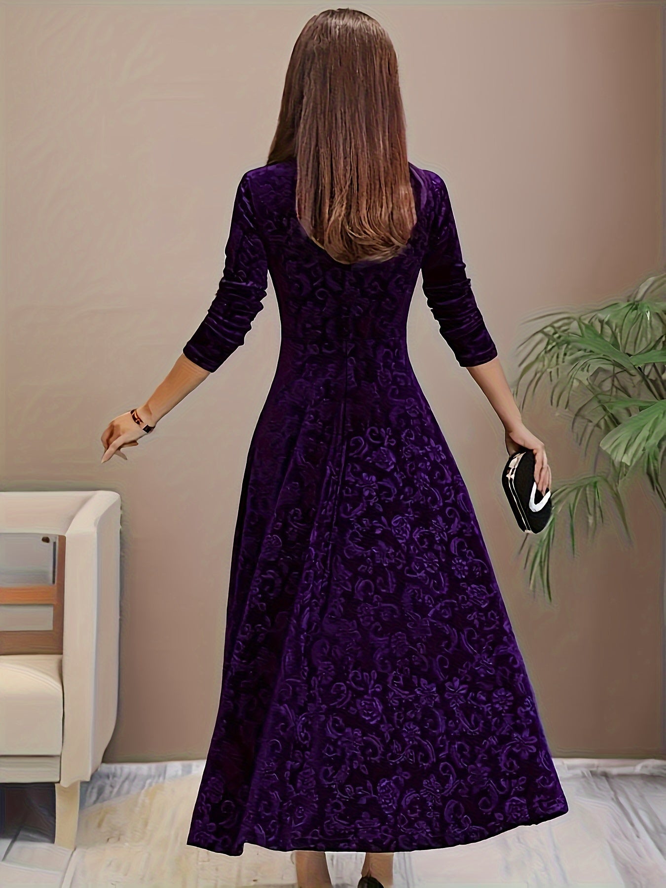 Directional Style Velvet Floral Pattern Long Sleeve Dress New Year Elegant Square Neck Dress