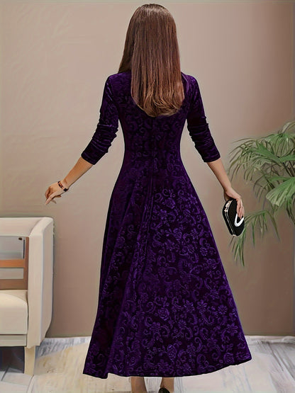 Directional Style Velvet Floral Pattern Long Sleeve Dress New Year Elegant Square Neck Dress
