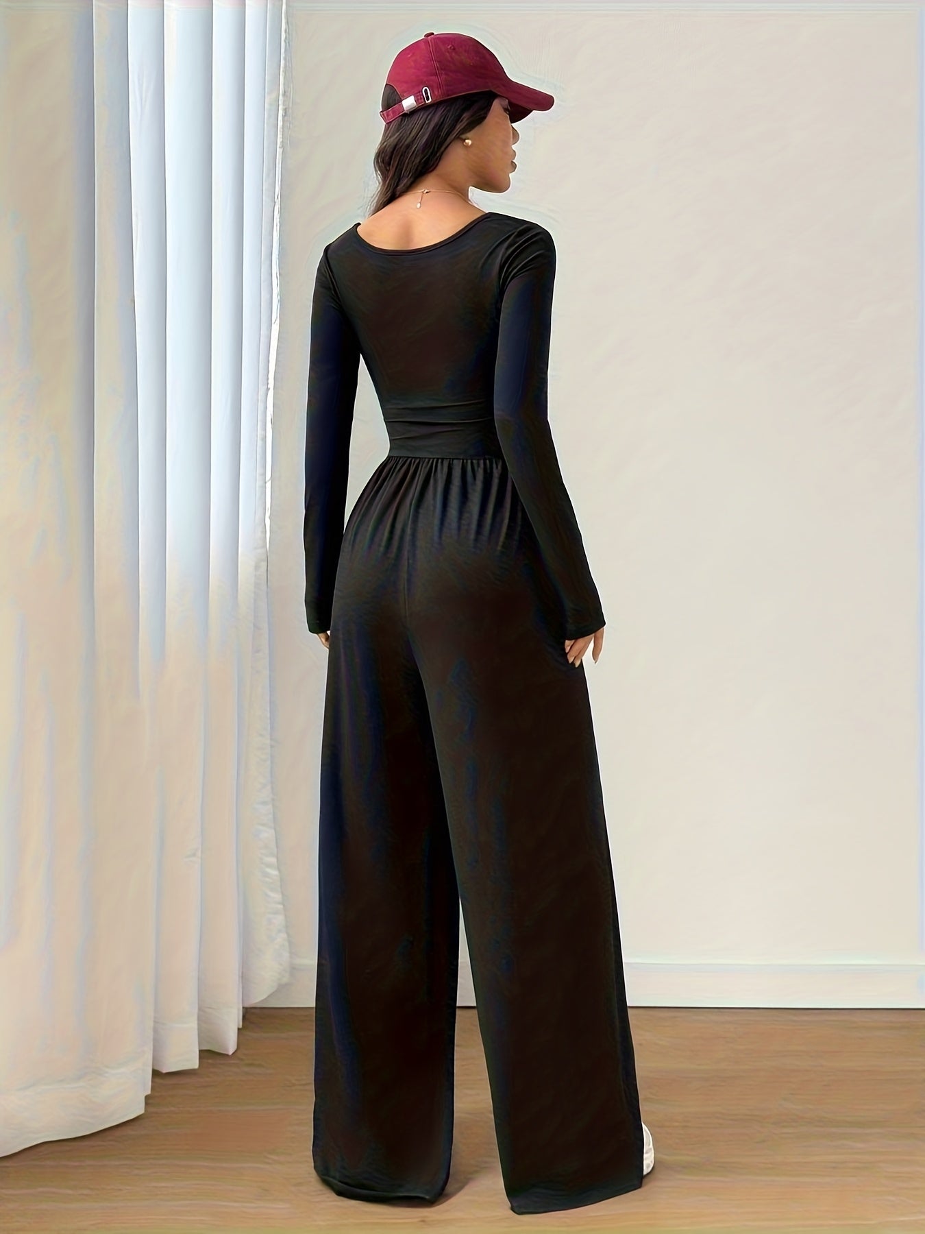 Solid Color Women's Classic Casual Square Neck Long Sleeve Jumpsuit