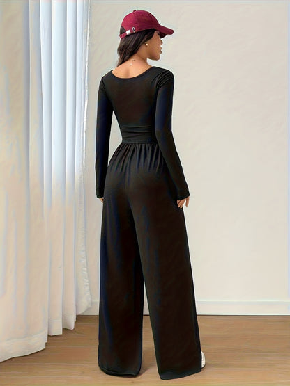 Solid Color Women's Classic Casual Square Neck Long Sleeve Jumpsuit